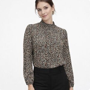 J.Crew Leopard Print Mock Neck Ruffle Blouse Size XXL Brown Black Chiffon